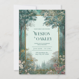 Invitación Marco de Oro Bosque Verde Azul Floral Romántico