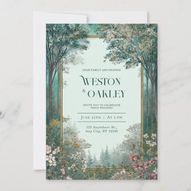 Invitación Marco de Oro Bosque Verde Azul Floral Romántico (Anverso)