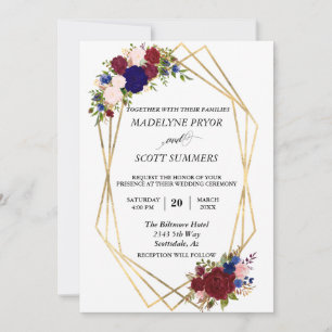Invitación Marco de oro burgundy Navy Bodas Moderno
