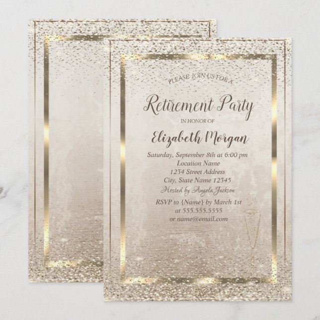 Invitación Marco de oro chic, confeti de vidrio Jubilación  (Anverso / Reverso)