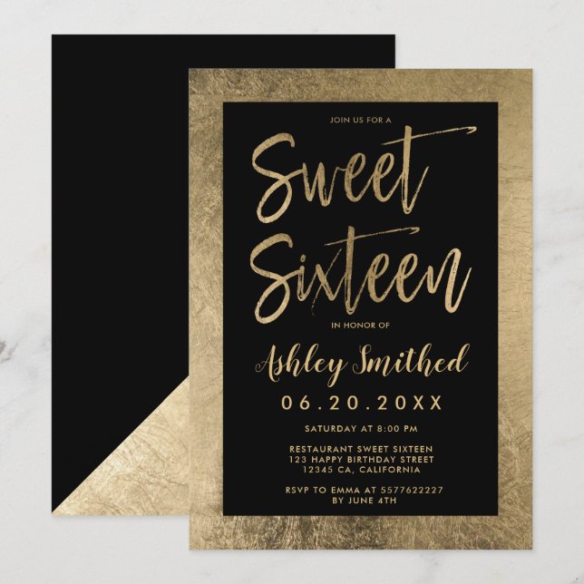 Invitación Marco de oro chic negro para dulces dieciséis (Anverso / Reverso)