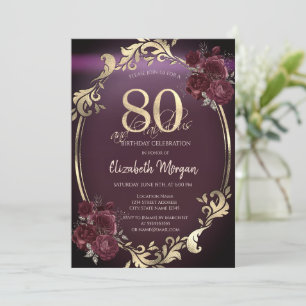 Invitación Marco de oro chic rosas borgoña Cumpleaños 80