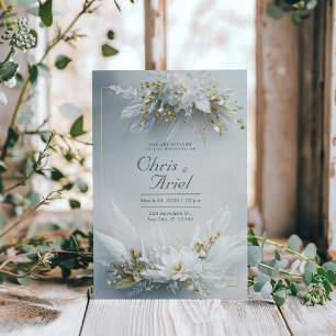 Invitación Marco de oro con flores blancas y plumas elegante