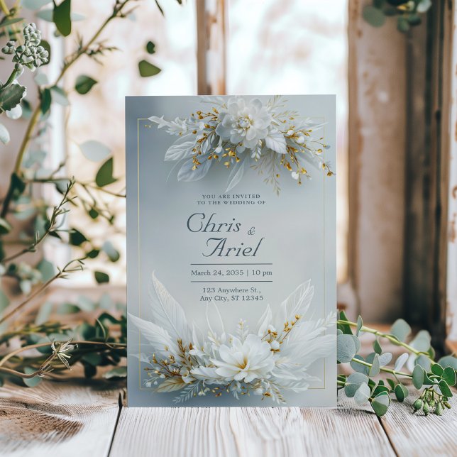 Invitación Marco de oro con flores blancas y plumas elegante  (Subido por el creador)