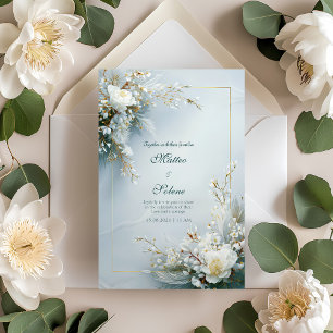 Invitación Marco de oro con flores blancas y plumas Elegante