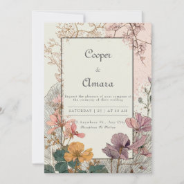 Invitación Marco de oro con flores prensadas bohemias para bo