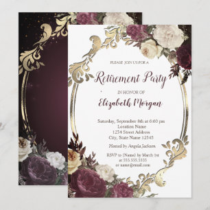 Invitación Marco de oro con remolinos, flores granate Jubilac