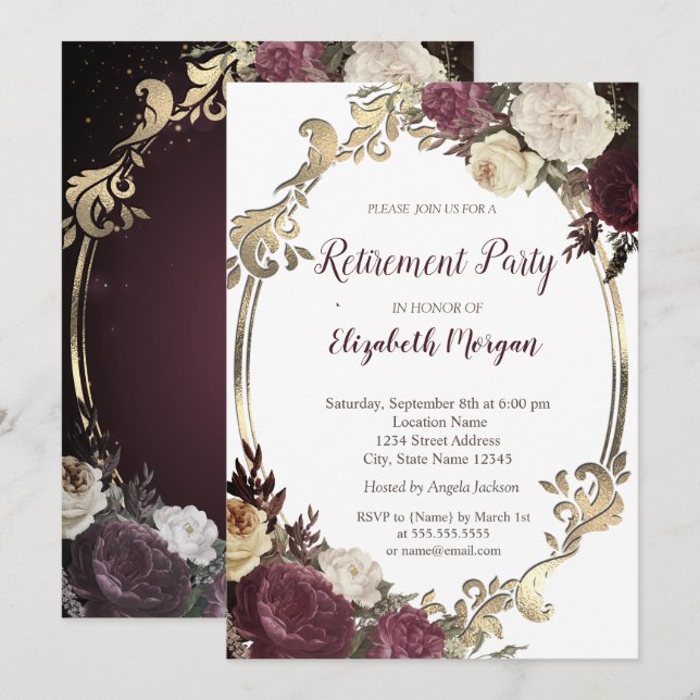 Invitación Marco de oro con remolinos, flores granate Jubilac (Anverso / Reverso)