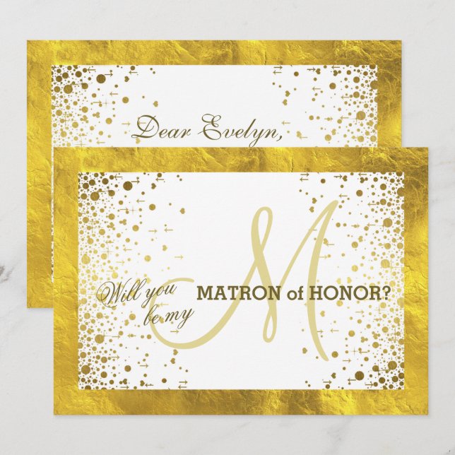 Invitación Marco de Oro Confeti ¿Serás Mi Dama de Honor (Anverso / Reverso)