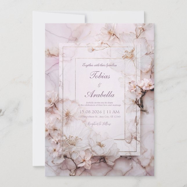 Invitación Marco de Oro de Lujo Mármol Rosa Etéreo Boda (Anverso)