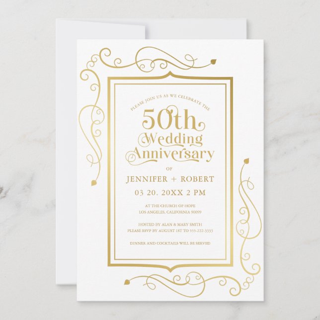 Invitación Marco de oro del 50° aniversario del Boda (Anverso)