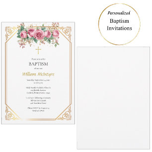 Invitación Marco de oro delicado rosas rosadas Bautizo católi