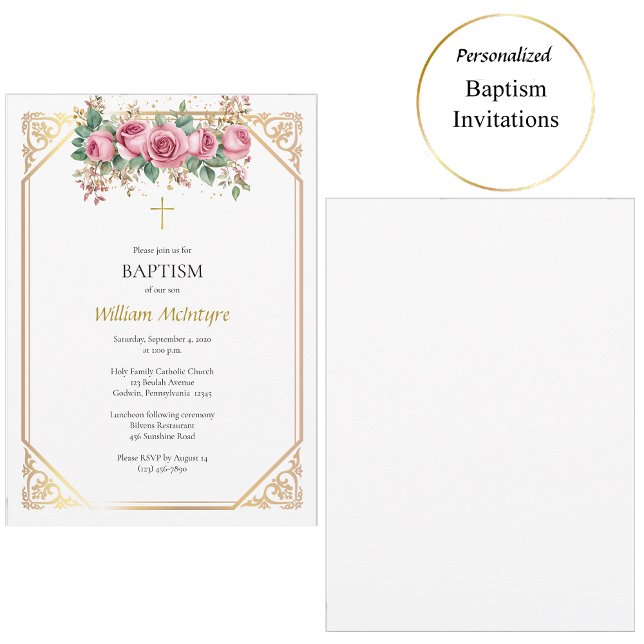 Invitación Marco de oro delicado rosas rosadas Bautizo católi (Subido por el creador)