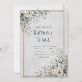 Invitación Marco de Oro Eucalipto Flor Blanca Boda