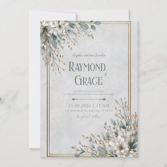 Invitación Marco de Oro Eucalipto Flor Blanca Boda (Anverso)