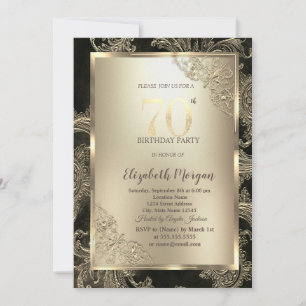 Invitación Marco de oro festivo, Damasco floral Cumpleaños 70