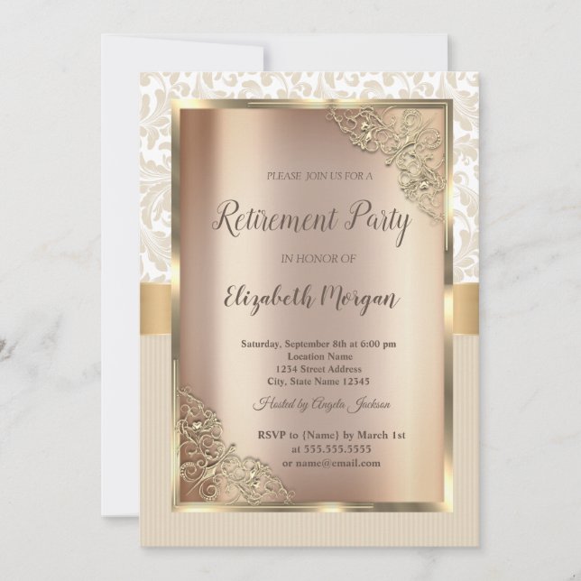 Invitación Marco de oro festivo,Jubilación de franjas de Dama (Anverso)