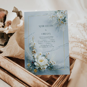 Invitación Marco de Oro Floral Blanco Textura de Mármol Boda