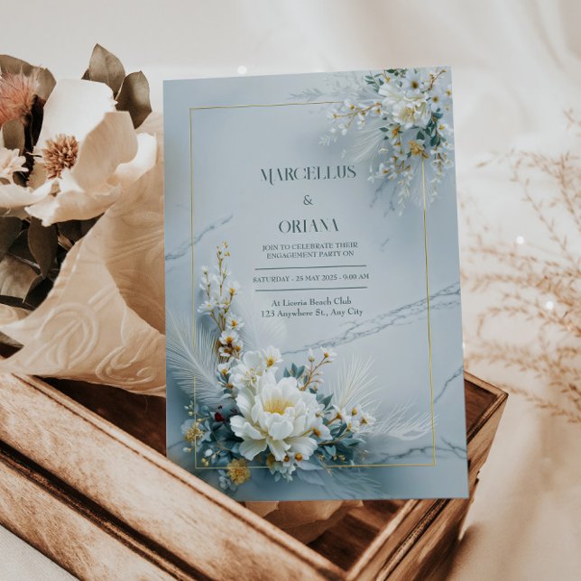 Invitación Marco de Oro Floral Blanco Textura de Mármol Boda (Subido por el creador)