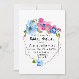 Invitación Marco de oro floral rosa caliente azul claro acuar