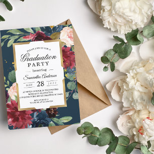 Invitación Marco de oro floral ruso y azul de la marina de Bo