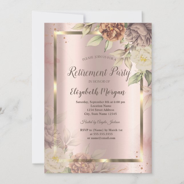 Invitación Marco de oro, flores rosadas doradas Jubilación (Anverso)