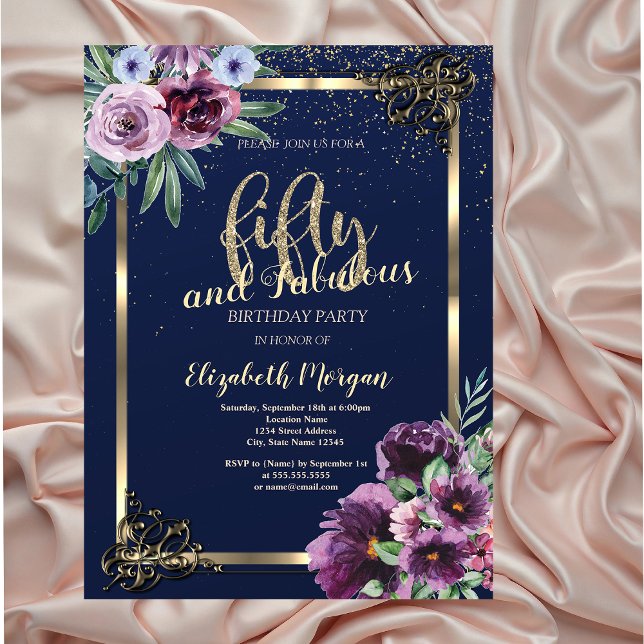 Invitación Marco de Oro Flores Violetas Cumpleaños 50 (Subido por el creador)
