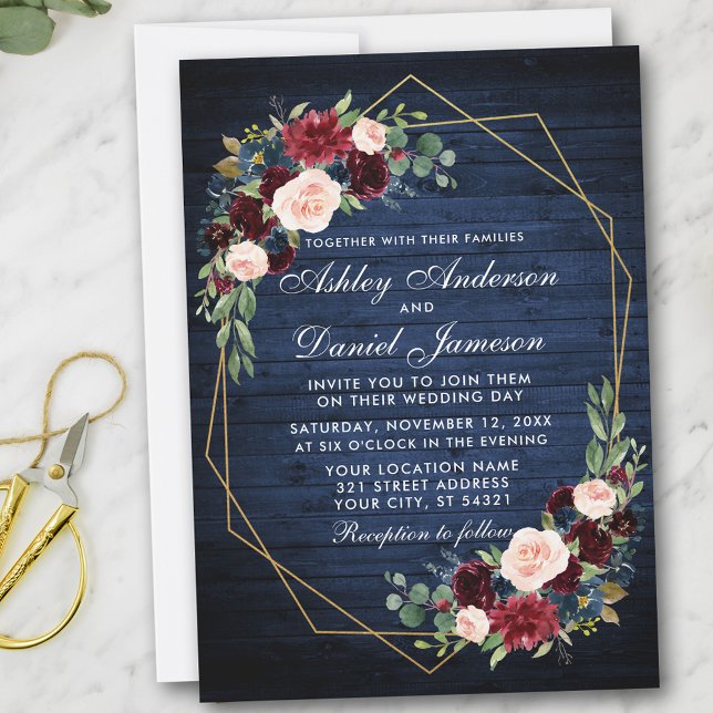Invitación Marco de oro geométrico de madera azul floral boda (Customize to add more text or photos to back of card.)