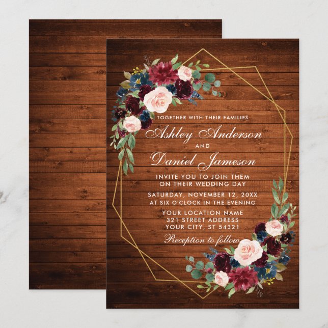 Invitación Marco de oro geométrico de madera rugosa floral bo (Anverso / Reverso)