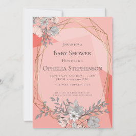Invitación Marco de oro geométrico floral Baby Shower Coral