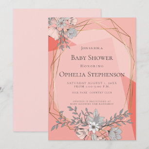 Invitación Marco de oro geométrico floral Baby Shower Coral
