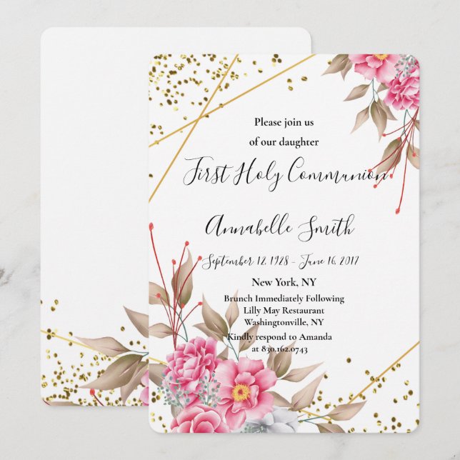 Invitación Marco de oro geométrico floral rosa primer coma sa (Anverso / Reverso)