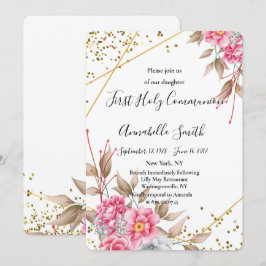 Invitación Marco de oro geométrico floral rosa primer coma sa