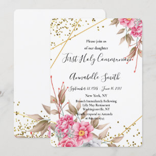 Invitación Marco de oro geométrico floral rosa primer coma sa