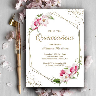 Invitación Marco de oro geométrico floral rosa Quinceanera