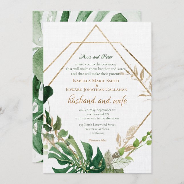 Invitación Marco de oro geométrico hojas de palmera verde tro (Anverso / Reverso)