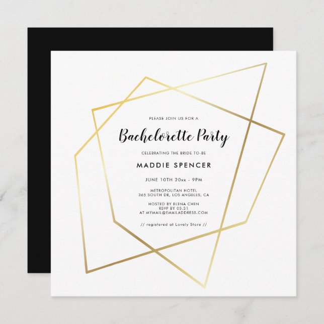 Invitación Marco de oro geométrico moderno Bachelorette Party (Anverso / Reverso)