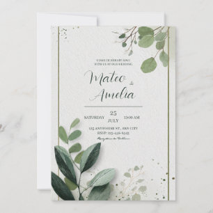 Invitación Marco de Oro Minimalista con Verde de Eucalipto pa