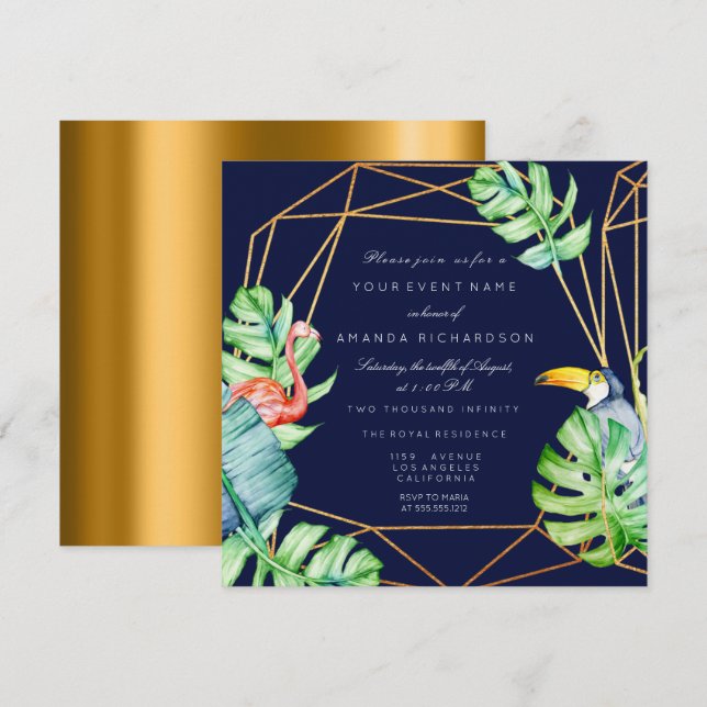 Invitación Marco de oro Monstera Flamingo Tropical Naval Nupc (Anverso / Reverso)