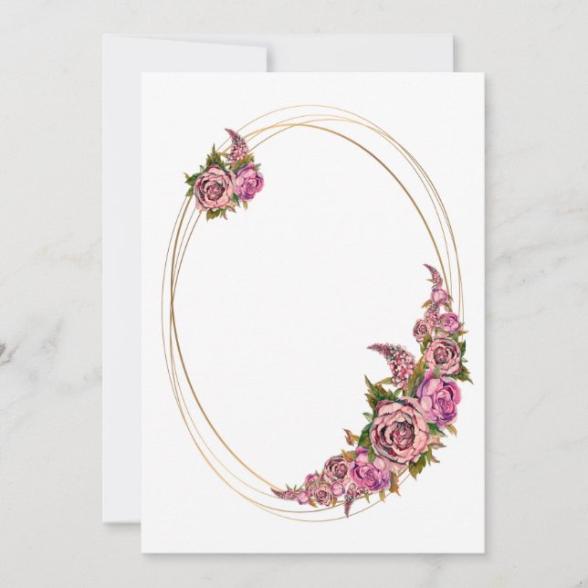 Invitación Marco de oro ovalado con flores de acuarela rosa (Anverso)