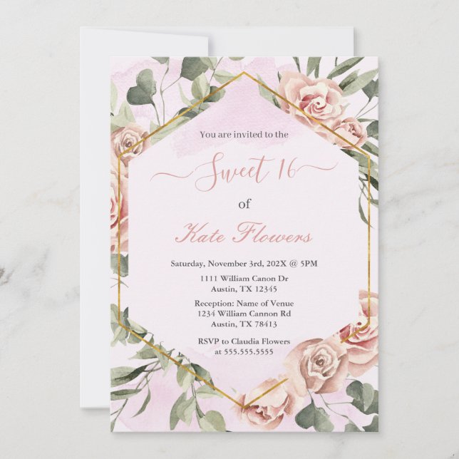 Invitación Marco de oro para rosas Quinceanera español (Anverso)