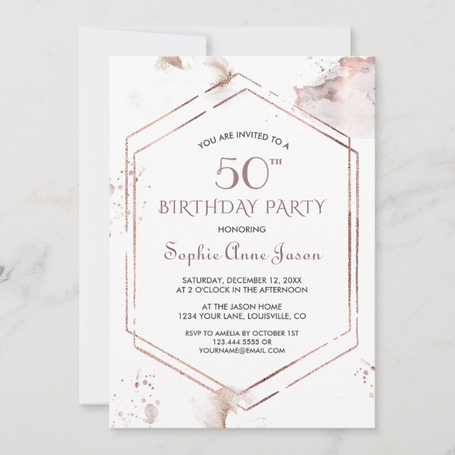 Invitación Marco de Oro Rosa de Lujo para el Cumpleaños 50 (Anverso)