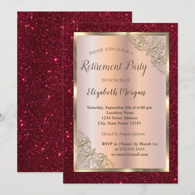 Invitación Marco de Oro, Rosa Dorado, Brillo Rojo Jubilación (Anverso / Reverso)