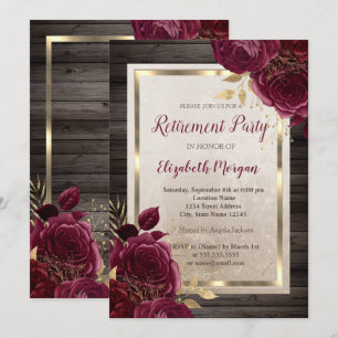 Invitación Marco de oro, rosas borgoña Jubilación de madera