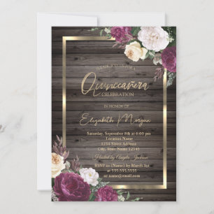 Invitación Marco de oro Rosas Borgoña Madera Quinceañera