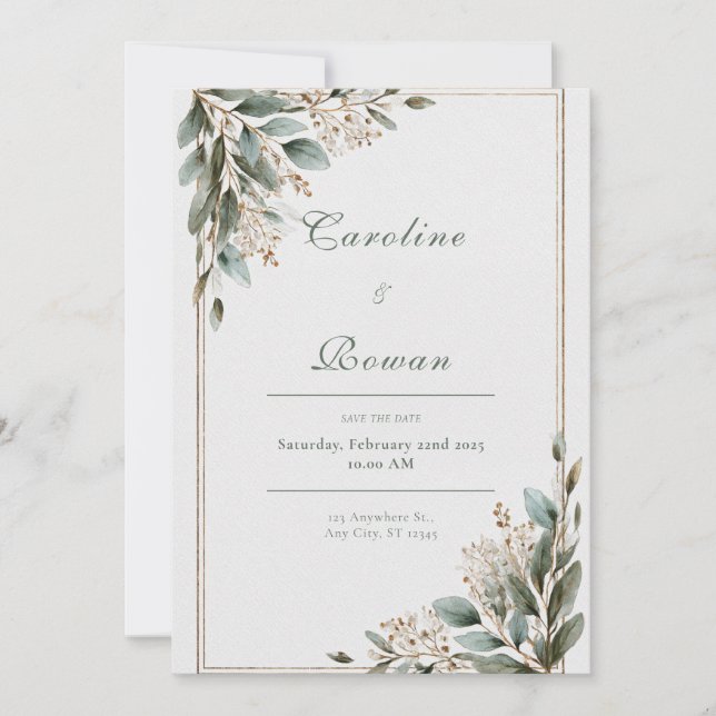 Invitación Marco de Oro Rústico Eucalipto Flor Blanca de Boda (Anverso)