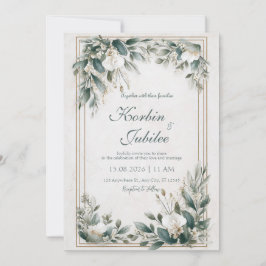Invitación Marco de Oro Verde Floral Polvoriento Sage Boda