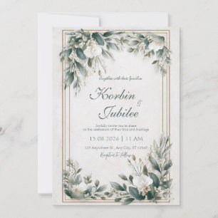 Invitación Marco de Oro Verde Floral Polvoriento Sage Boda