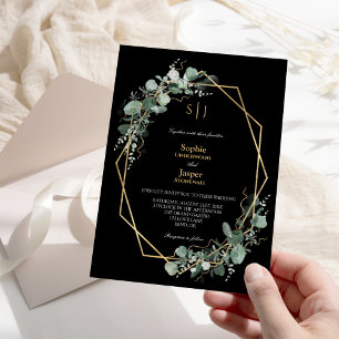 Invitación Marco de oro verde simple Boda de monograma negro