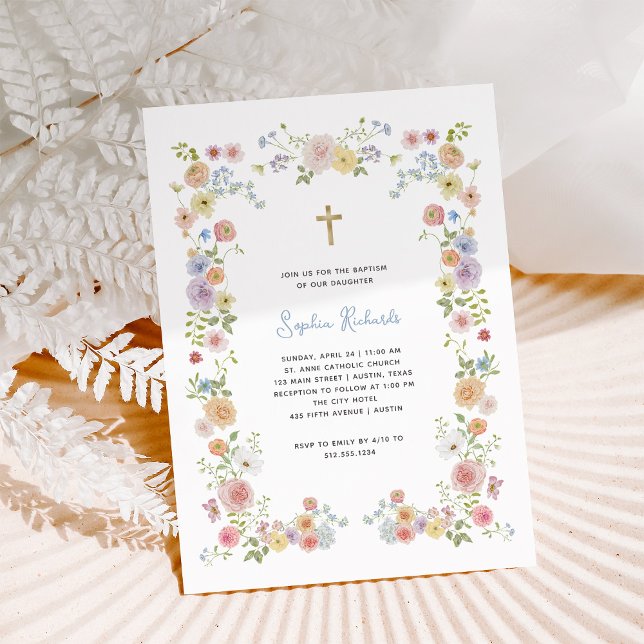 Invitación Marco de Pastel Floral y Cruz de Oro | Bautismo (Subido por el creador)